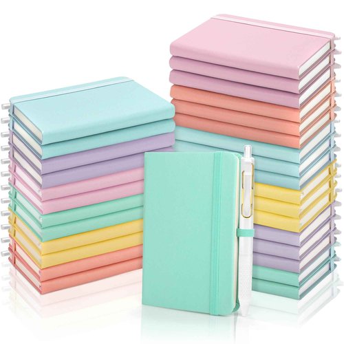 Aodaer 50 Sets Pocket Notebook Journal with Pens, 160 Pages, 3.5 x 5.5 Inch Mini Lined Journal Notebook A6 Leather Hardcover College Ruled Notepad with Pen Holder for School Office, Light Multicolor