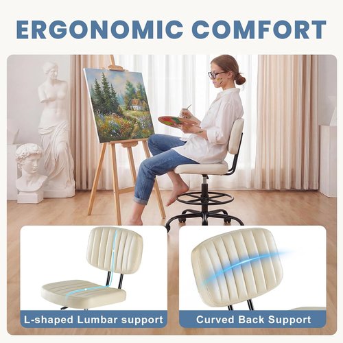 DUMOS Armless Drafting Chair - Ergonomic Low Back Office Seat with Adjustable Footrest | Beige Swivel Stool