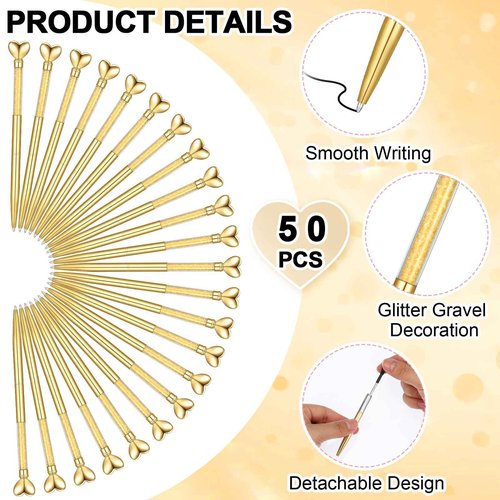 Jetec 50 Pcs Heart Shaped Ballpoint Pens Bulk Operation Christmas Items Wedding Glitter Retractable Metal Pens Black Ink Diamond Crystal Bling Bridal Shower Gifts Office Supplies(Gold)