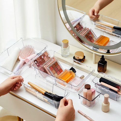 Briwooody 25 Pcs Extendable Clear Drawer Organizer, 3 Size Adjustable Desk Drawer Organizer Acrylic Storage Bins for Makeup, Jewelry Gadgets for Kitchen, Bedroom, Bathroom, Office