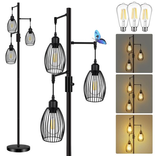 LTBLIGHT 68" Dimmable Floor Lamp - Industrial 3-Light Tree Design with Vintage LED Edison Bulbs, Adjustable Brightness for Living Room, Bedroom, Office (Black)