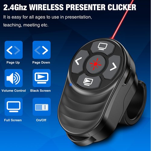 Wireless Presentation Clicker Rechargeable, Finger Ring Powerpoint Clicker with Red Laser Pointer, Presenter Remote PPT Clicker for Powerpoint Presentations for Mac Computer Laptop