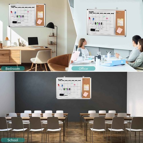 Magnetic Dry Erase Calendar Whiteboard Corkboard Combo, 36 x 24 Inch Monthly Calendar Whiteboard Bulletin Corkboard for Wall, Aluminum Frame with Dry Erase Markers, Magnets, Push Pins (36 x 24 Inch)
