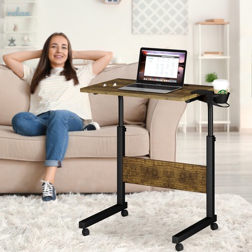 Klvied Standing Desk Adjustable Height, Stand Up Desk with Cup Holder, Portable and Easy to Move Bedside Table, Ideal for Home or Office, Black，Walnut