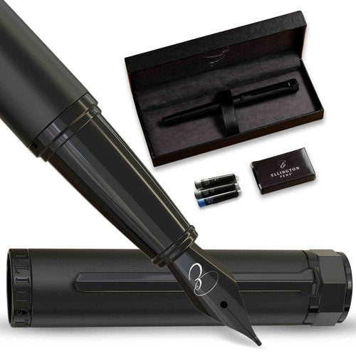 Ellington Pens Luxury Fountain Pen Set - Fountain Pens For Writing - Smooth Fine Nib - Includes Refillable Ink Converter, 3 Ink Cartridges, Gift Box - Calligraphy, Journaling, Sketching (The Stealth)