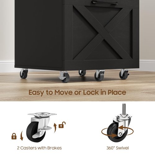 2 Drawer Small File Cabinet with Wheels, Farmhouse Vertical Filing Cabinet Fits A4 or Letter Size, Under Desk Rolling File Cabinets for Home Office, Wooden Printer Stand, Black