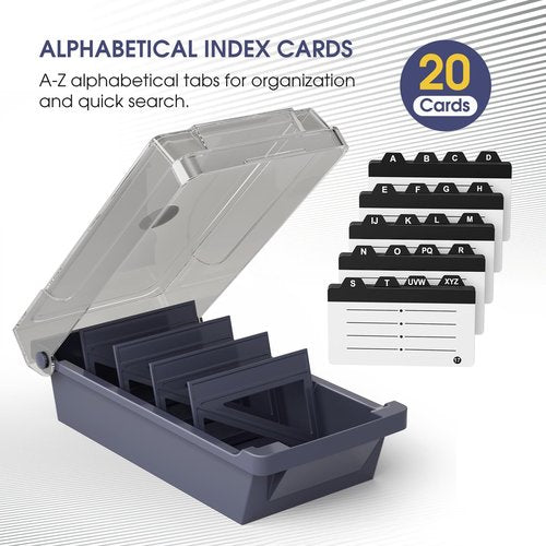 MaxGear Business Card Holder for Desk, Large Plastic Business Card Organizer Box with Lid, Credit Card File Storage Case for Office & Home, Holds 500 3.5” x 2.2” Cards with A-Z Index Tabs, Gray
