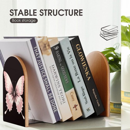 Velumair Light Pink Butterfly Book Ends Decorative Bookends for Shelves Wood Book Stopper for Home Office Desk to Hold Books 6.7 X 4.7 Inch Bookshelf Decor 1 Pair