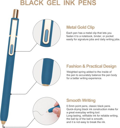 Linbsunne Gel Pens - Black Ink Fine Point 0.5mm Retractable Pens for Smooth Writing | Vintage - 10 Pcs