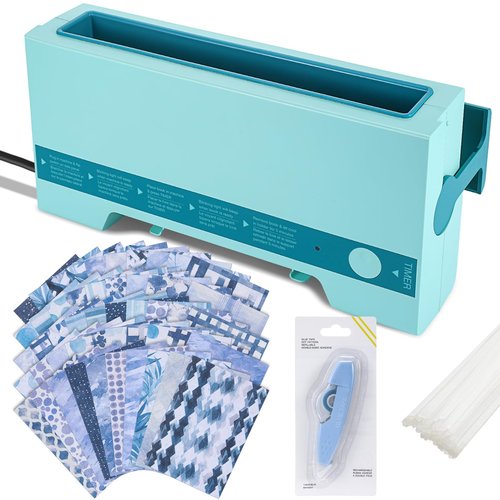 MotiMind Thermal Binding Machine Kit Includes 110v Cinch Binding Machine Double Sided Tape Dots 20 Glue Strips 50 Scrapbook Paper for DIY Journals Notebooks Photo Books Documents (Blue,Classic)