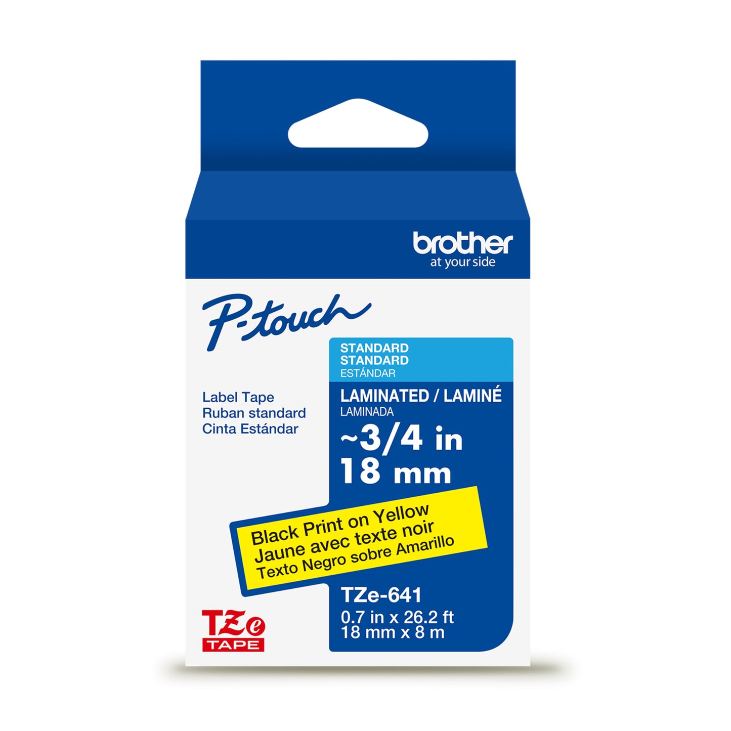 Brother Genuine P-Touch TZe Black Print on Yellow Label Tape (TZe641), Laminated,3/4in x 26.2ft (18mm x 8m), for Select P-Touch Label Makers, Durable, Water-Resistant, Indoor/Outdoor Use