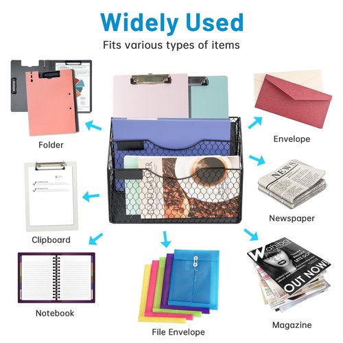 NiOffice 3-Pocket Magnetic File Organizer for Office and Home - Vertical Magazine and Mail Holder with No-Drill Mounting for Wall, Cabinet or Fridge (Black)