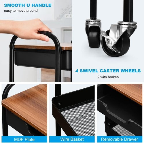 Aratan 3 Tier Rolling Cart with Drawer, Metal Utility Cart on Wheels Storage Cart with Wood Top, Kitchen Cart Art Cart Organizer for Bathroom Office Balcony Living Room