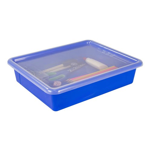 Storex Letter Size Flat Storage Tray – Organizer Bin with Non-Snap Lid for Classroom, Office and Home, Blue, 5-Pack (62536U05C)