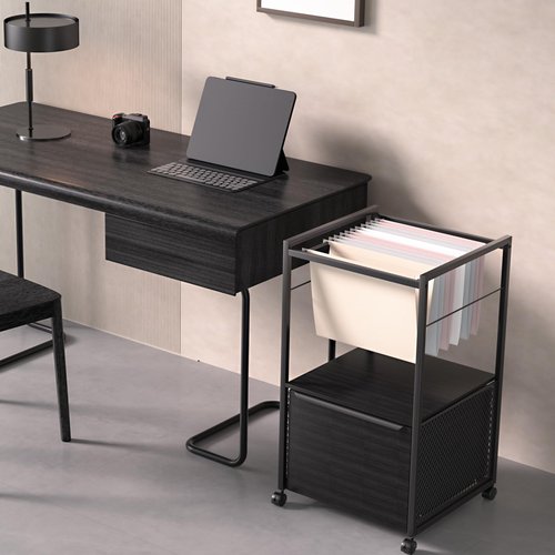 VECELO Printer Stand with Open Storage Shelf, Rolling File Cabinet with Fabric Drawer, Small Side Table for Bedroom,Living Room,Vintage Leather Pull Design, Black