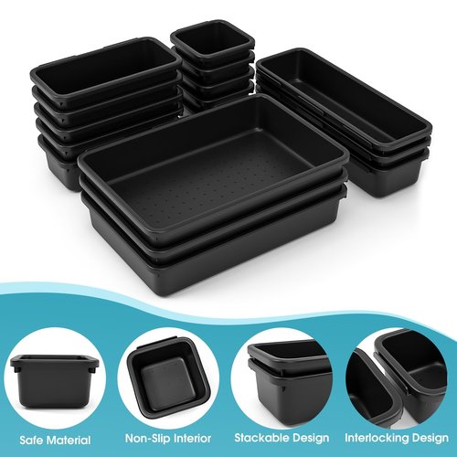 16 PCS Drawer Organizer Set, 4 Size Makeup Drawer Divider Organizer With Non-Slip Pads, Interlocking Plastic Storage Bins for Office,Jewelry Vanity,Gadgets, Bathroom,Kitchen, Black
