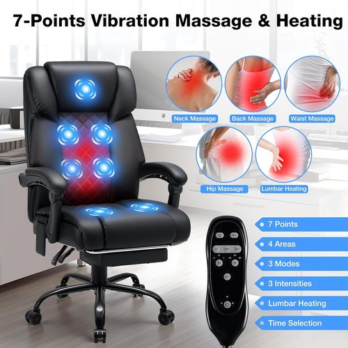 HOFFREE Ergonomic Massage Office Chair - Heated & 7-Point Vibration | Reclining High Back, Footrest, Black