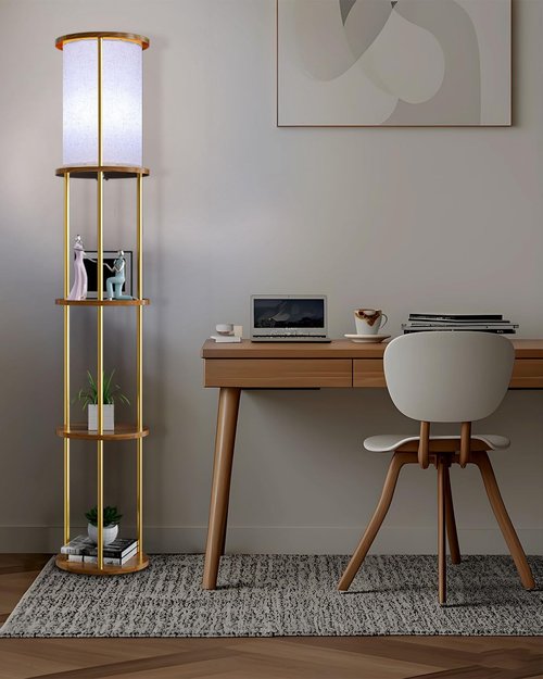 Lightdot 61" RGB Floor Lamp with Shelves - 3-Tier Storage Smart Remote Control Standing Lamp with Fabric Lampshade, E26 Bulb Included, Dimmable Floor Lamps for Living Room, Bedroom & Home Decor (Gold)