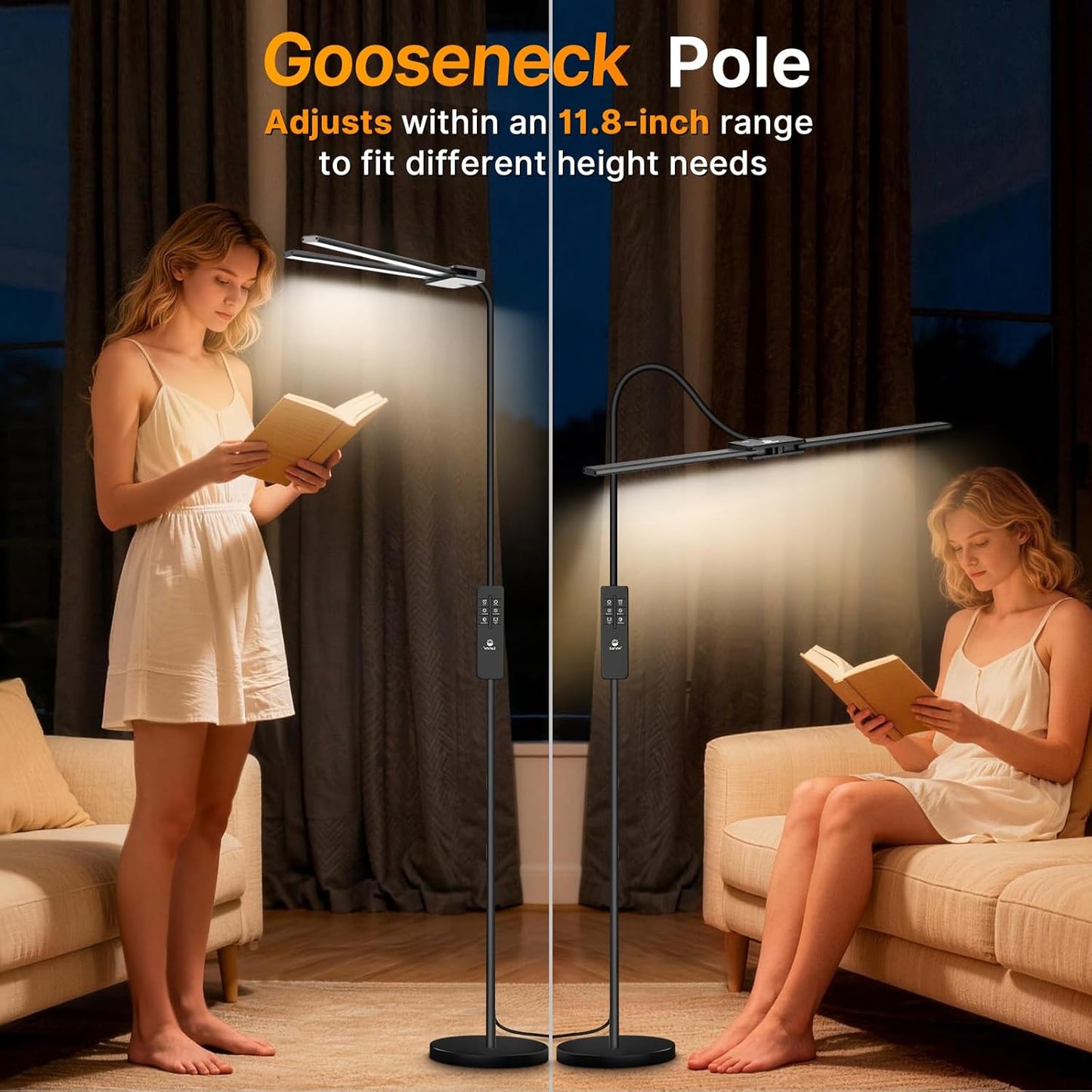 Syrinx LED Floor Lamp - 18W 2000LM Bright Reading Light with Gesture & Remote Control | Dimmable Dual Head Design