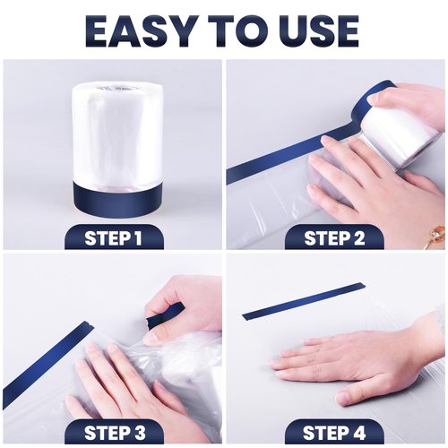 ADHES Painters Plastic with Tape, 102 inch x 90 feet x 3 Rolls Painters Tape with Plastic Attached, Pre Taped Masking Film for Automotive Painting Covering