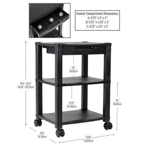 Mind Reader Rolling Printer Cart, Utility Cart, Printer Stand, Desk Storage, Office, 17.25"L x 13.5"W x 24.5"H, 3-Tier, Black