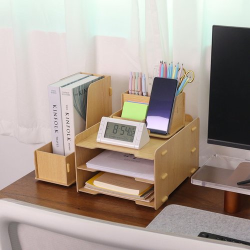 Buqoo Wooden Desk Organizer Set, Desktop File Holder with Phone Stand, 3-Tier Paper Tray, Office Supplies Storage, Natural Wood