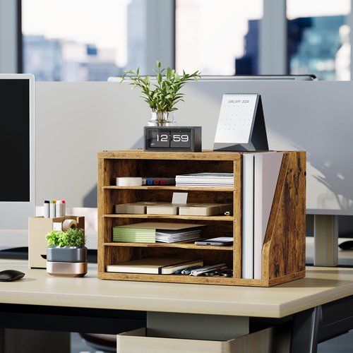 Creso hom File Organizer Desktop, Wood Desk Organizer with 3 Adjustable Shelves, Mail Paper Sorter for Office, Home, File Holders for Envelopes, Mail Supplies or Magazines, Rustic Brown