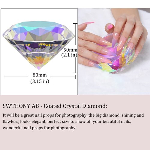 SWTHONY 80mm(3.15 inch) Crystal Big Fake Diamond Paperweight Rainbow Maker, Background for Nail Pictures, with Gold Metal Base Home Decor (AB-Coated)