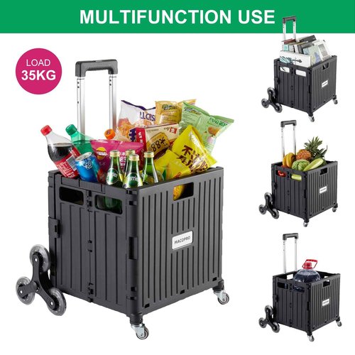 MACOPRO Foldable Utility Cart with Stair Climbing Wheels, Collapsible Rolling Crate with Telescoping Handle, Folding Shopping Trolley Handcart Grocery Book File Tool Teacher Storage Basket (Black)