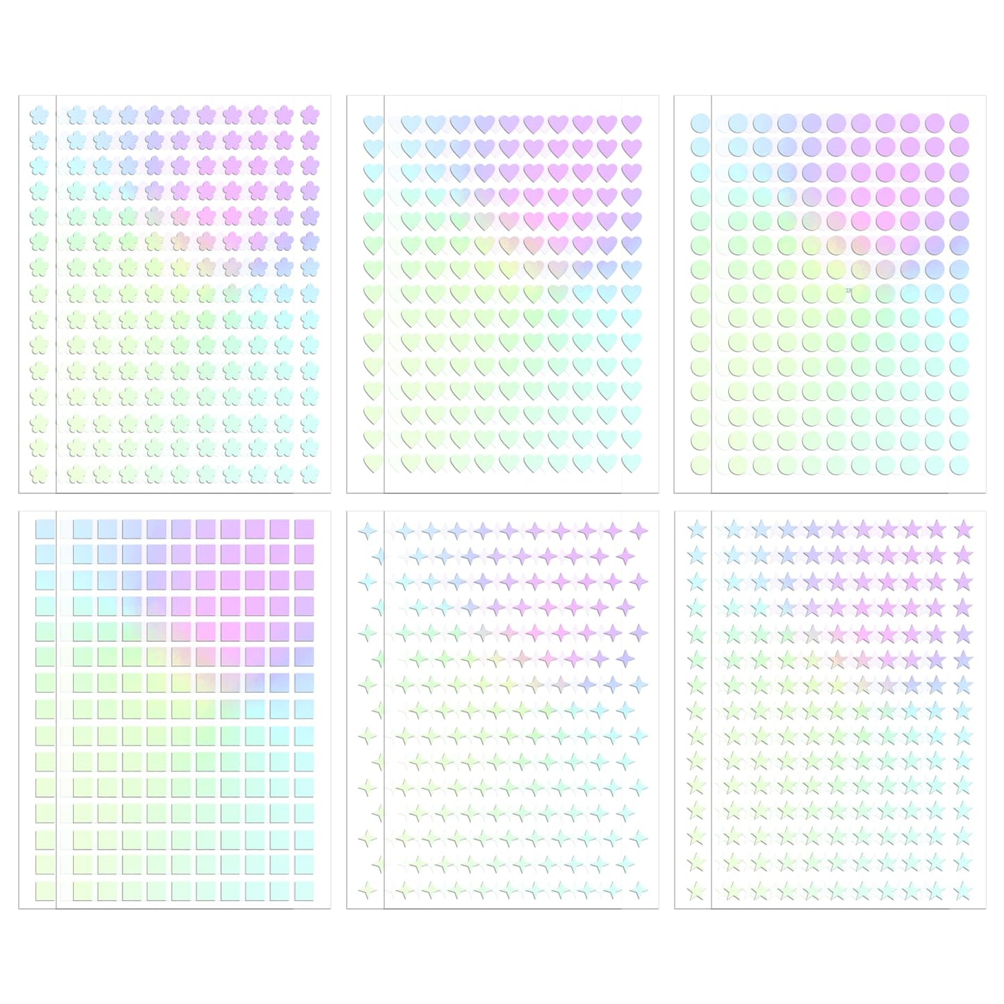 1824pcs Holographic Self-Adhesive Sticker for Crafts, Round Star Square Love Flower Shaped Mini Foil Stickers for Reward at School Classroom (Holographic Color)