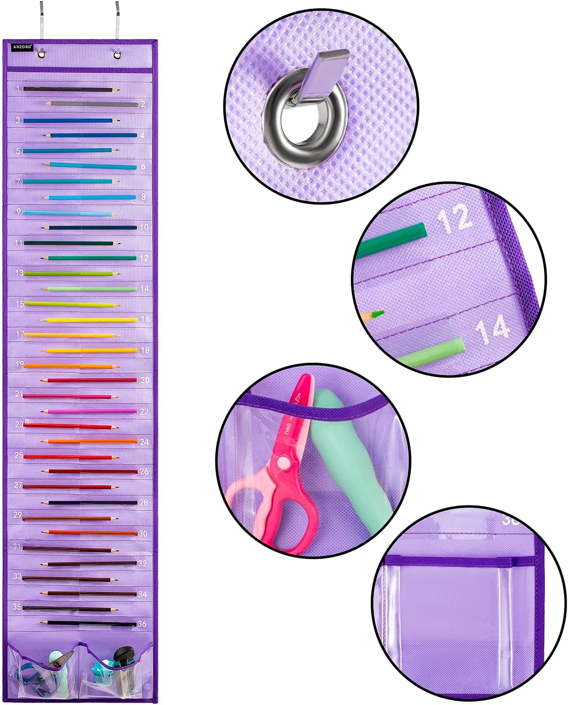 Skiennix Hanging Pencil Holder - Classroom Organizer with Numbered Pockets | 2 Pack - Purple