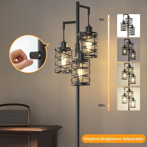 Oneach 70" Industrial Floor Lamp - Stepless Dimmable Standing Lamp with 3 Bulbs | Black Farmhouse Design for Living Room, Bedroom & Office