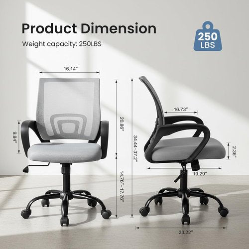 DUMOS Ergonomic Home Office Chair - Mid Back Mesh Design with Lumbar Support & Rocking Mode | Height Adjustable, Grey