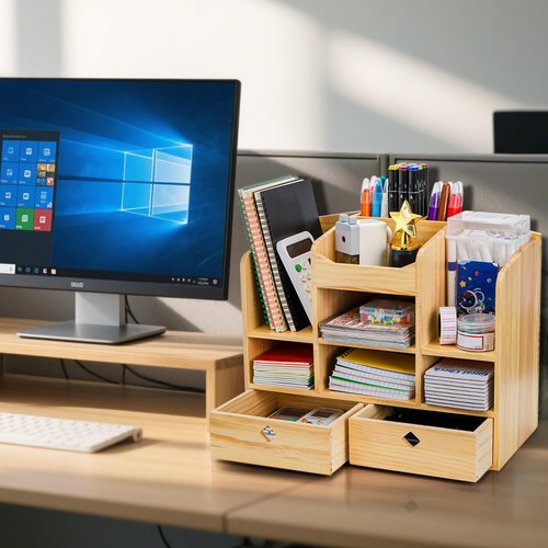 Acshio Wooden Desk Organizer with Drawers, Countertop Office Supplies Accessories Organization with 10 Compartments, Multifunctional Storage Cabinet Box Makeup Storage Shelf Rack for Home, Office