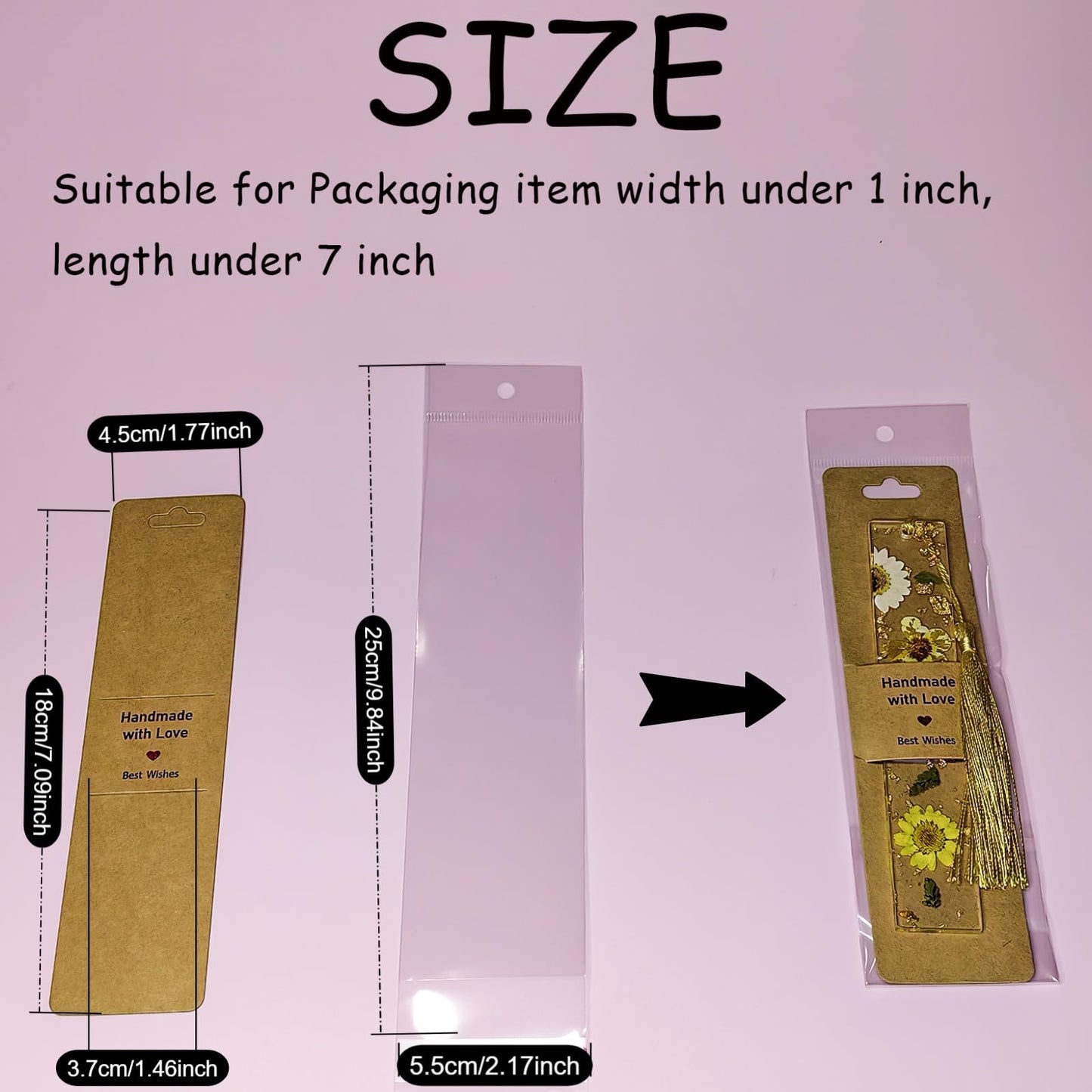 100 Set Bookmark Holder Packaging, Handmade with Love Bookmark Display Cards with Bags Hanging Resin Book Mark Sleeves Small Business Packaging Supplies for Selling Items Package Party Favors (Brown)
