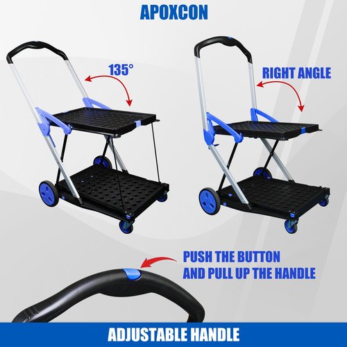 APOXCON Collapsible Shopping Cart with 2 Storage Crates 2-Tier Portable Utility Cart with Swivel Wheels 200lb Capacity Heavy Duty Folding Shopping Trolley for Office Warehouse Catering (Blue)
