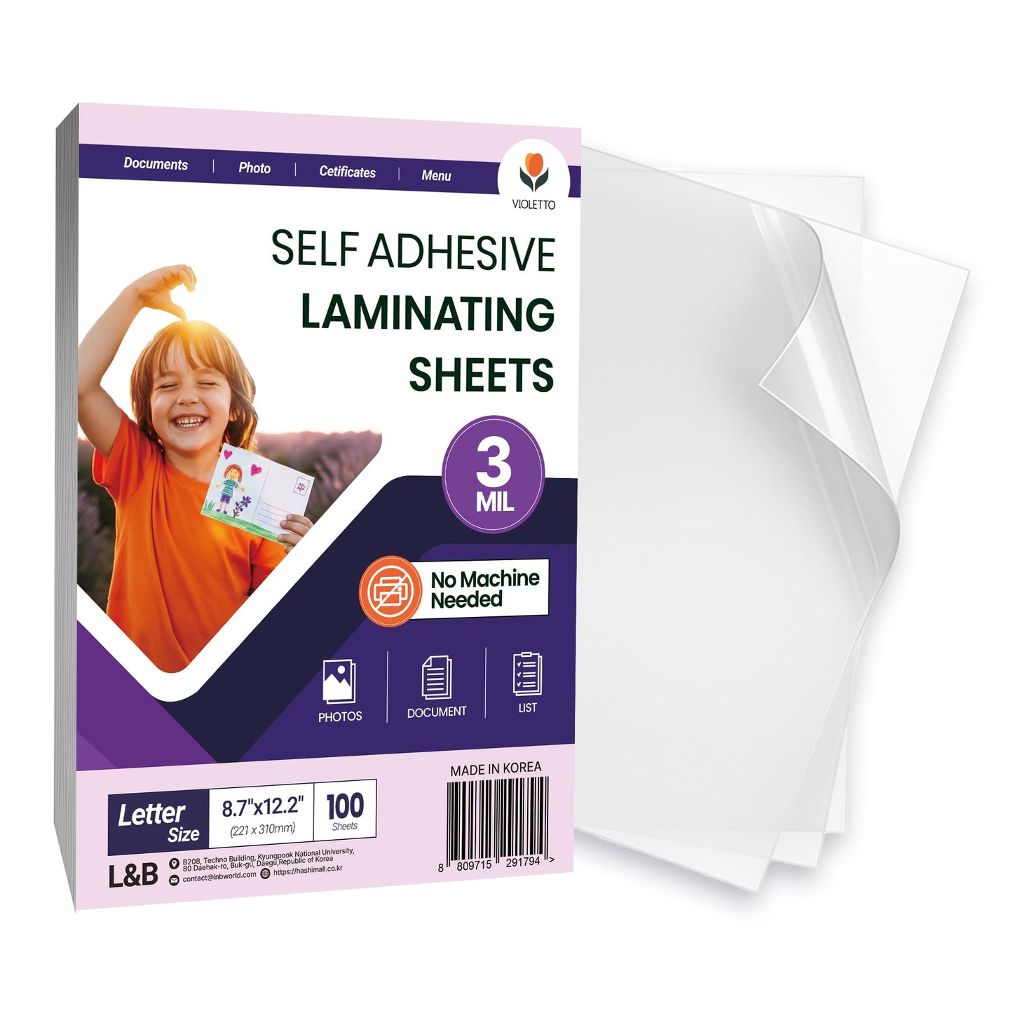 VIOLETTO Self-Adhesive Laminating Sheets, 8.7 x 12.2 in, 3mil, Letter, 100 Pk
