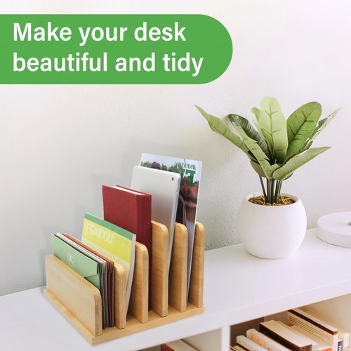 Desk File Mail Organizer Countertop, 5 Slots Bamboo Folder Sorter Holder for Letter, Envelope, Paper, Bill Filing, Desktop Tray Organizer for Office & Home