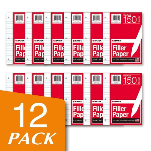 Kaisa loose Leaf Paper Filler Paper 150 Sheets 8"x10.5",Wide Ruled, 3-Hole Punched for 3-Ring Binders, Carton of 12pack