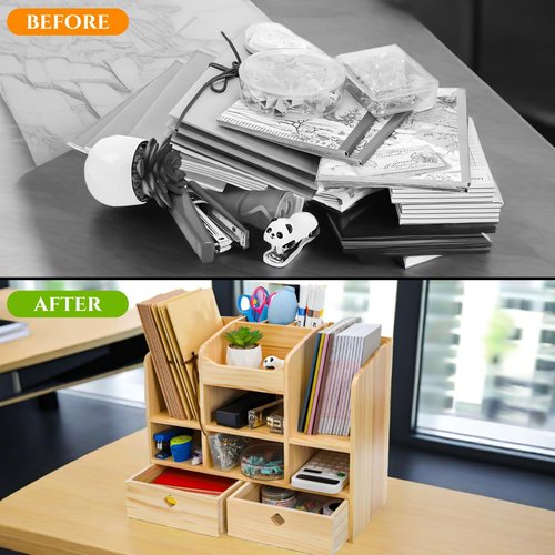 Acshio Wooden Desk Organizer with Drawers, Countertop Office Supplies Accessories Organization with 10 Compartments, Multifunctional Storage Cabinet Box Makeup Storage Shelf Rack for Home, Office