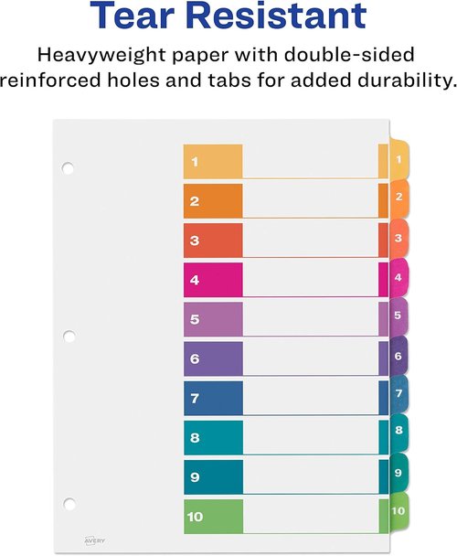 Avery Dividers - Customizable 10-Tab Set for 3 Ring Binders | Multicolor Tabs for Easy Organization