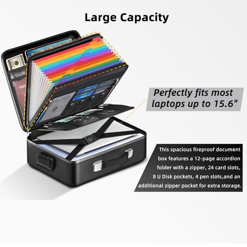 Fireproof Document Box - 8-Layer Hard Shell Fire Proof Safe for Home Documents, Water Resistant File Organizer for Desk Money, Safety Box for Passports Certificates Laptop