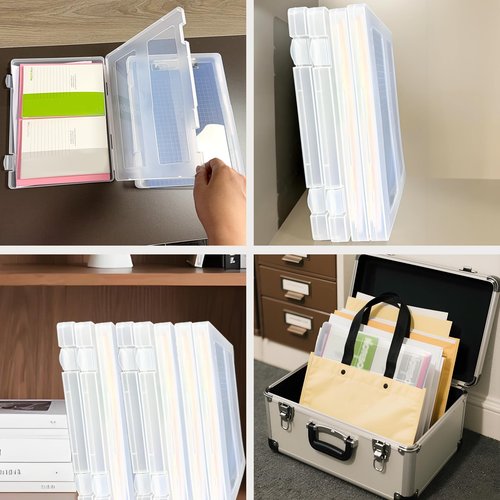 Seuqhck 4 Pack Organizer Box for A4 Paper, Plastic Scrapbook Paper Organizer Stackable Document Holder with Secure Locking Clasps for Photos, Craft and Arts, Home, Office, Studio, 12.5 x 9.5 x 1 Inch