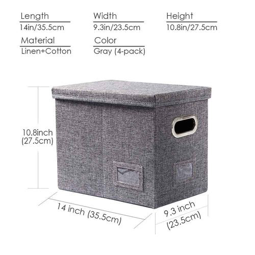 PRANDOM File Organizer Box - Set of 4 Collapsible Decorative Linen Filing Storage Hanging File Folders with Lids Office Cabinet Letter Size Grey (14x9.3x10.8 inch)