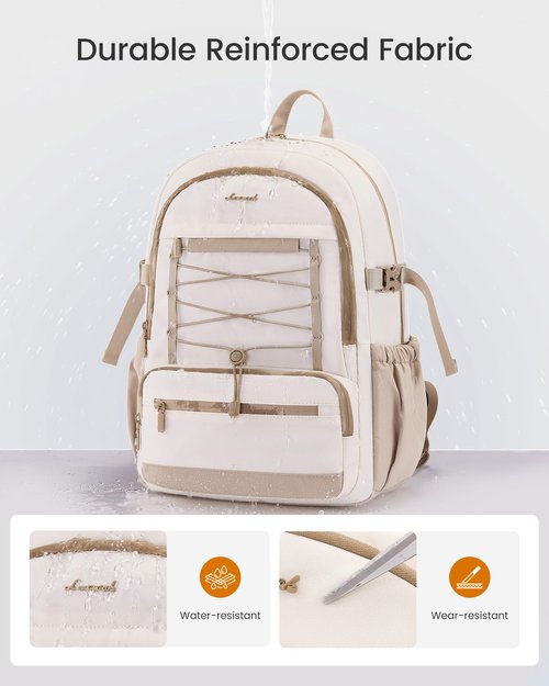 LOVEVOOK School Backpack for Teen Girls, Large Capacity College Student Backpacks with Water Bottle Holder, Cute Laptop Backpack Purse for Women, Lightweight Casual Travel Backpack, Beige-Khaki
