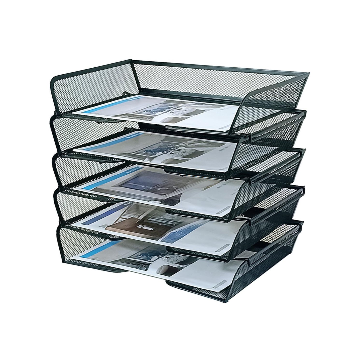 5 Tier Metal Mesh Desk Organizer-Stackable Letter Trays for Office Supplies,Black File Storage System with Reinforced Edges