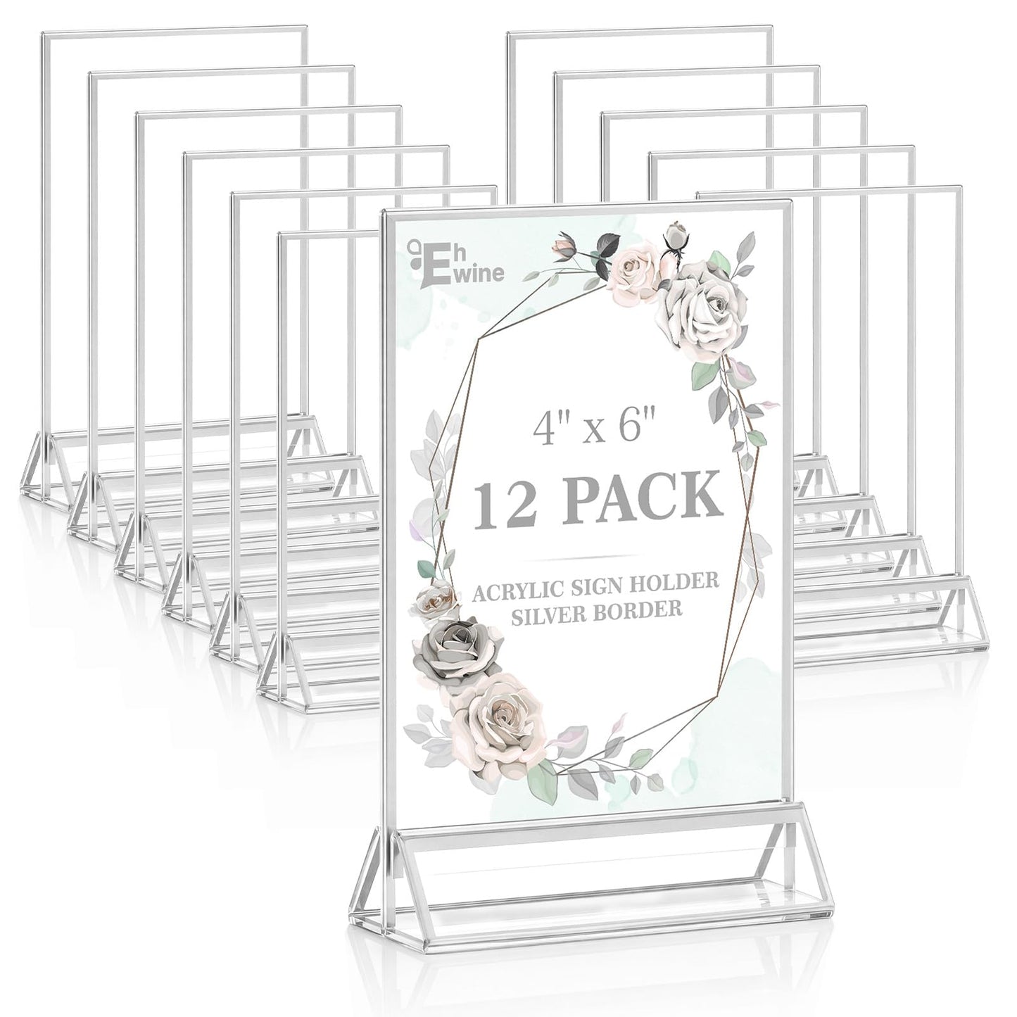 EHWINE 12 Pack Acrylic Sign Holder 4 x 6, Double Sided Silver Picture Frame Stand up Table Top Sign Holders, Clear Display Stand Menu Flyer Holder for Wedding Party(Provide Non-slip Mats)