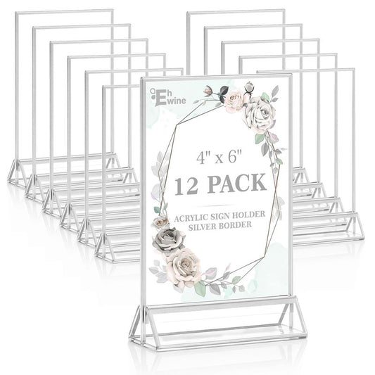 EHWINE 12 Pack Acrylic Sign Holder 4 x 6, Double Sided Silver Picture Frame Stand up Table Top Sign Holders, Clear Display Stand Menu Flyer Holder for Wedding Party(Provide Non-slip Mats)