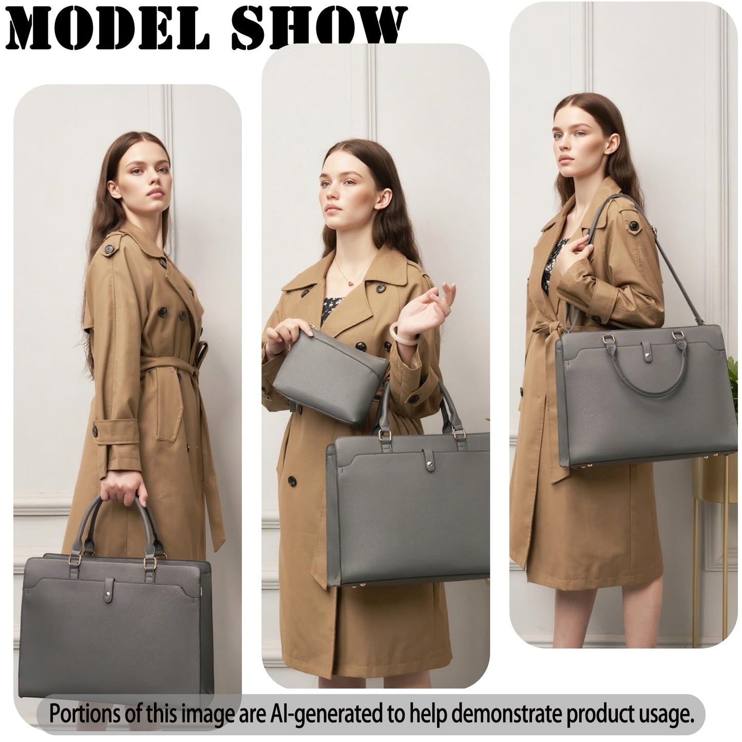 YZAOLL 15.6 Inch Vegan Leather Laptop Bag for Women Lightweight Water-Resistant Work Tote Briefcase for Travel,College,Office DarkGrey