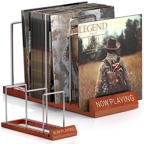 Facmogu Durable Vinyl Record Storage Holder for 50 LPs, Now Playing Records Stand, Adjustable Display Storage Shelf, Sleek Record Holder & Display for Albums Magazine CD Organizer Holder - Brown